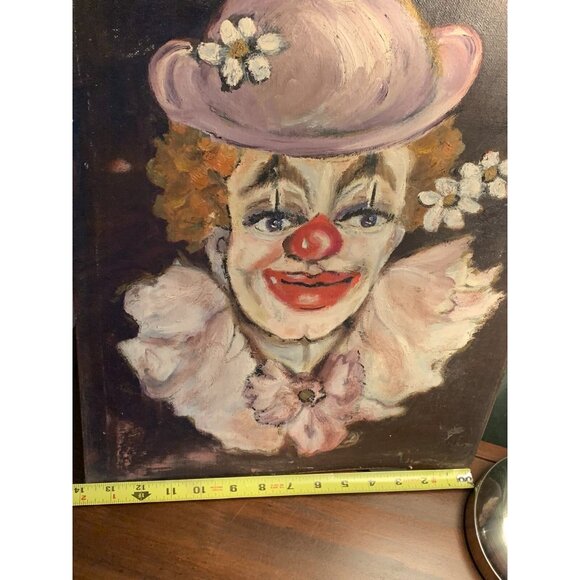 Vintage Oil On Canvas Clown Painting Artist Signed Raines? Original 14"x18" - Picture 7 of 11
